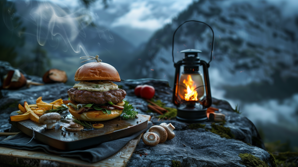 Elk Burger with Truffle Aioli and Wild Mushrooms